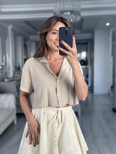 Bej Mass Model Keten Kadın Crop Gömlek