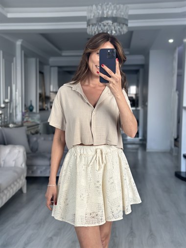 Bej Mass Model Keten Kadın Crop Gömlek