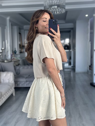 Bej Mass Model Keten Kadın Crop Gömlek