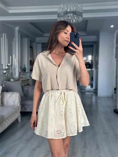 Bej Mass Model Keten Kadın Crop Gömlek