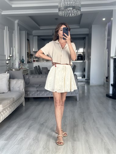 Bej Mass Model Keten Kadın Crop Gömlek