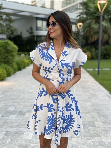 Bej Mavi Desenli Ceket Yaka Keten Kadın Elbise