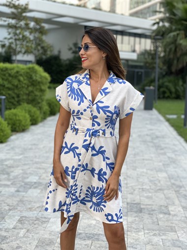 Bej Mavi Desenli Ceket Yaka Keten Kadın Elbise