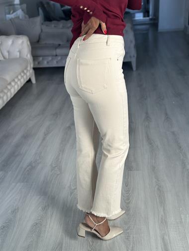 Bej Mini Flare Paçası Püsküllü Kadın Jean Pantolon