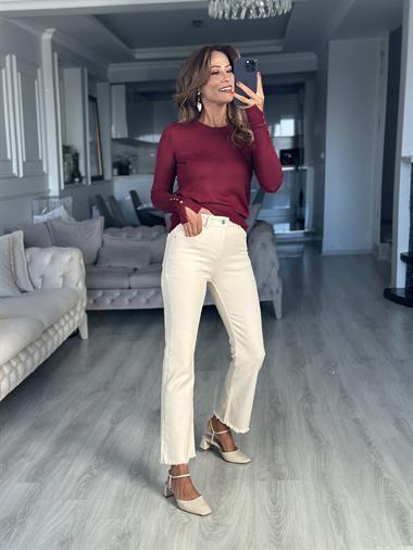 Bej Mini Flare Paçası Püsküllü Kadın Jean Pantolon