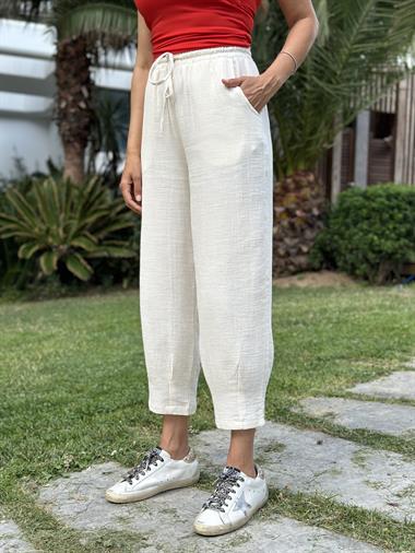 Bej Müslin Paça Pensli Kadın Pantolon