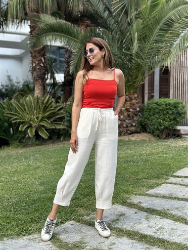 Bej Müslin Paça Pensli Kadın Pantolon