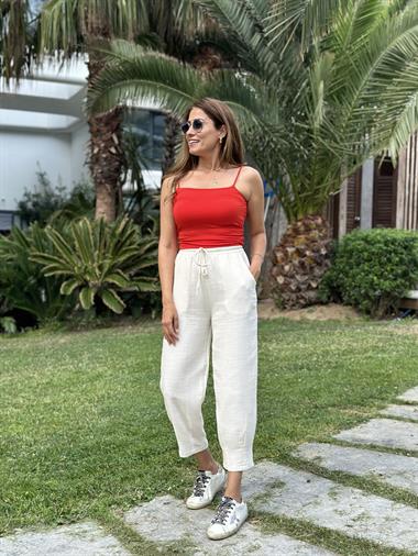 Bej Müslin Paça Pensli Kadın Pantolon