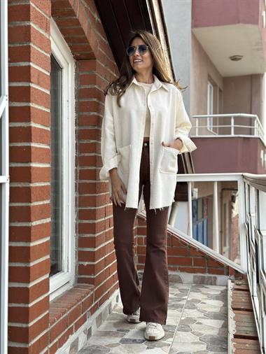 Taş Önden Cepli Ham Keten Oversize Gömlek