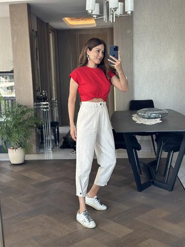 Bej Önü Dikiş Detay Paçası Düğmeli Keten Kadın Pantolon