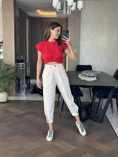 Bej Önü Dikiş Detay Paçası Düğmeli Keten Kadın Pantolon