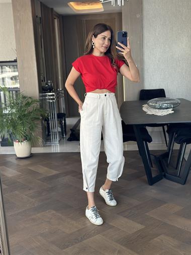 Bej Önü Dikiş Detay Paçası Düğmeli Keten Kadın Pantolon