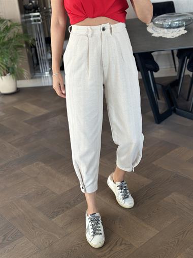 Bej Önü Dikiş Detay Paçası Düğmeli Keten Kadın Pantolon