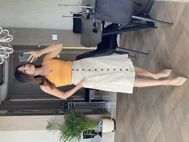 Bej Önü Düğmeli Midi Boy Tensel Etek