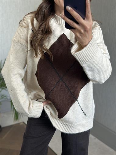 Bej Önü Tek Baklava Desen Kadın Triko Kazak