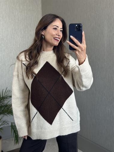 Bej Önü Tek Baklava Desen Kadın Triko Kazak