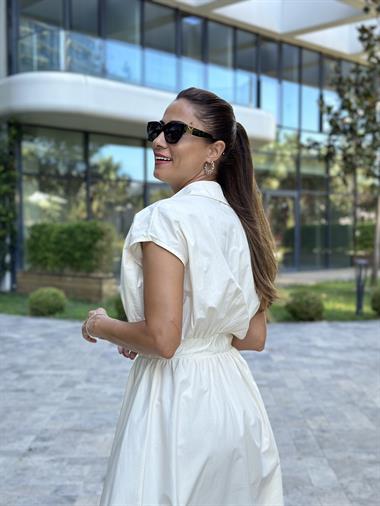 Bej Önü Ve Cebi Fermuarlı Midi Boy Kadın Elbise