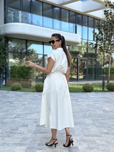 Bej Önü Ve Cebi Fermuarlı Midi Boy Kadın Elbise