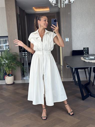 Bej Önü Ve Cebi Fermuarlı Midi Boy Kadın Elbise