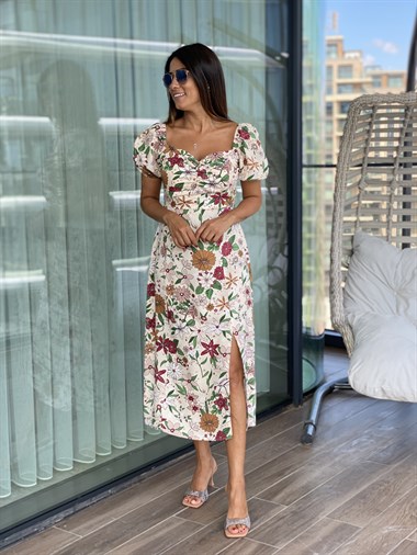 Bej Öpücük Yaka Çiçek Desenli Viskon Kadın Elbise