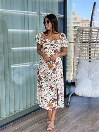 Bej Öpücük Yaka Çiçek Desenli Viskon Kadın Elbise