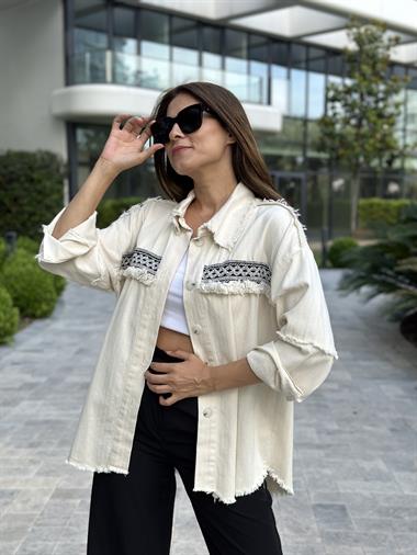 Bej Örgü Şerit Püsküllü Keten Kadın Gömlek