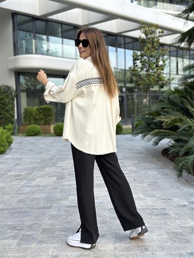 Bej Örgü Şerit Püsküllü Keten Kadın Gömlek