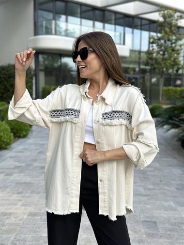 Bej Örgü Şerit Püsküllü Keten Kadın Gömlek