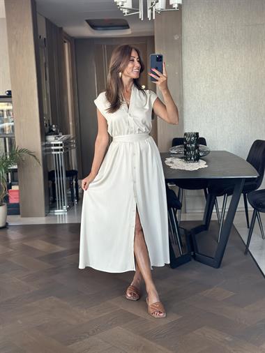 Bej Orjinal Marka V Yaka Düğmeli Cepli Kadın Elbise 