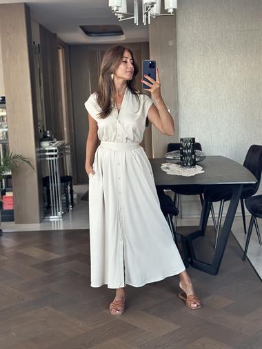 Bej Orjinal Marka V Yaka Düğmeli Cepli Kadın Elbise 