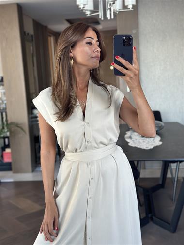 Bej Orjinal Marka V Yaka Düğmeli Cepli Kadın Elbise 