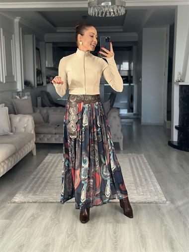 Bej Ottoman Kumaş Fermuarlı Parmak Geçmeli Kadın Bluz