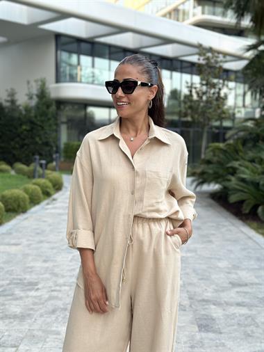 Bej Gömlek Palazzo Pantolon Keten Kadın Alt Üst Takım