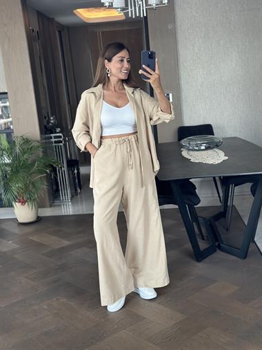 Bej Gömlek Palazzo Pantolon Keten Kadın Alt Üst Takım