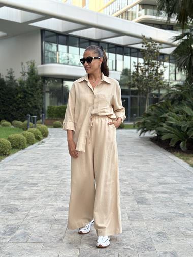 Bej Gömlek Palazzo Pantolon Keten Kadın Alt Üst Takım