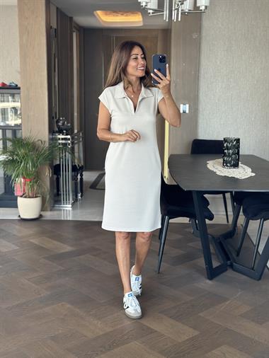 Bej Polo Yaka Sıfır Kol Modal Midi Boy Kadın Elbise 