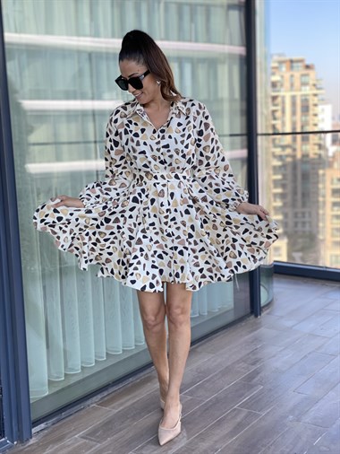 Bej Parçalı Kuşaklı Gömlek Elbise