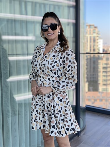 Bej Parçalı Kuşaklı Gömlek Elbise