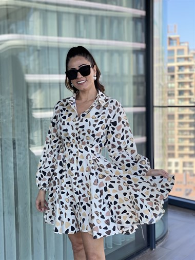 Bej Parçalı Kuşaklı Gömlek Elbise