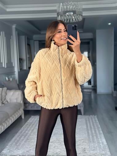 Bej Peluş Fermuarlı  Kadın Sweatshirt