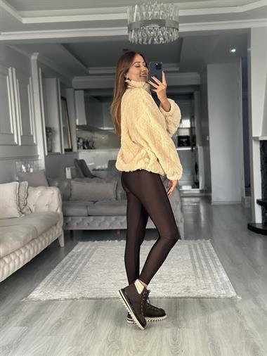 Bej Peluş Fermuarlı  Kadın Sweatshirt
