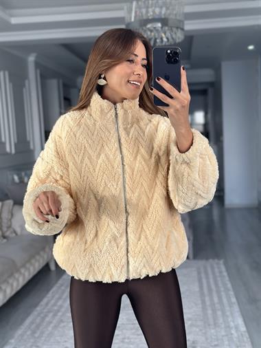 Bej Peluş Fermuarlı  Kadın Sweatshirt