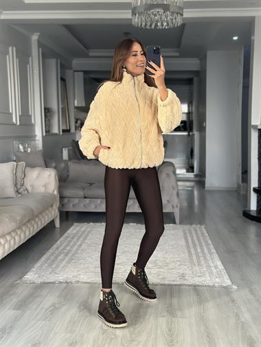 Bej Peluş Fermuarlı  Kadın Sweatshirt