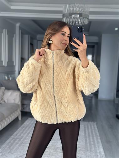 Bej Peluş Fermuarlı  Kadın Sweatshirt