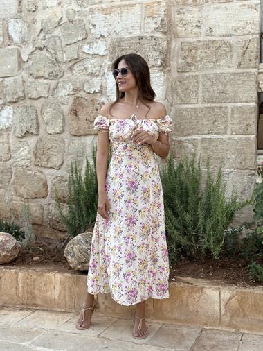 Bej Pembe Çiçekli Önü Bağcıklı Viskon Kadın Elbise