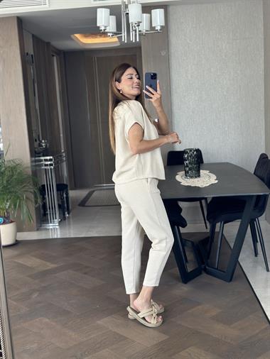 Bej Petek Kumaş Düşük Kol T-Shirt Pantolon Kadın Alt Üst Takım