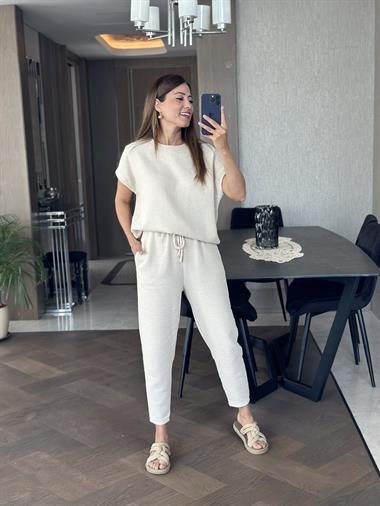 Bej Petek Kumaş Düşük Kol T-Shirt Pantolon Kadın Alt Üst Takım