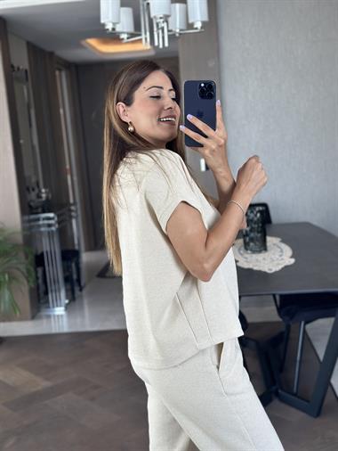 Bej Petek Kumaş Düşük Kol T-Shirt Pantolon Kadın Alt Üst Takım