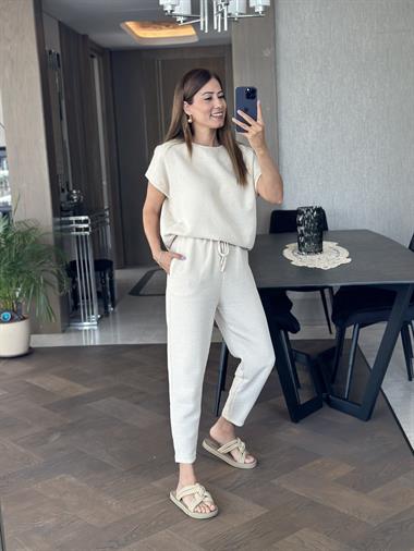 Bej Petek Kumaş Düşük Kol T-Shirt Pantolon Kadın Alt Üst Takım