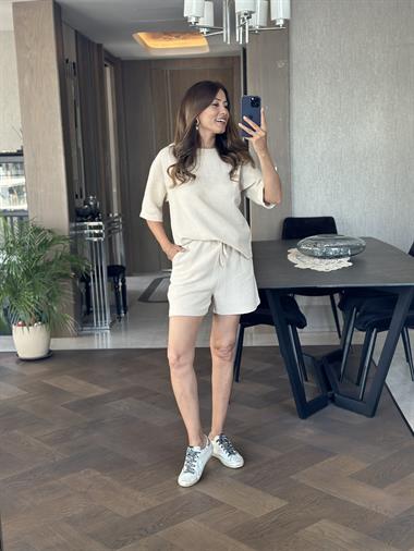 Bej Petek Kumaş Kısa Kol Bluz Şort Kadın Alt Üst Takım